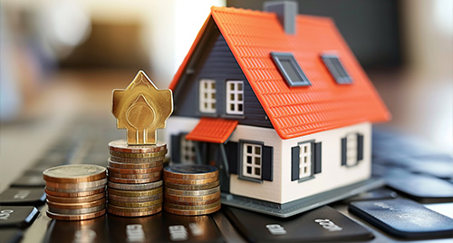 miniature house on keyboard with stacks of coins and a gold house icon representing real estate investment 8 strategies for wealth growth